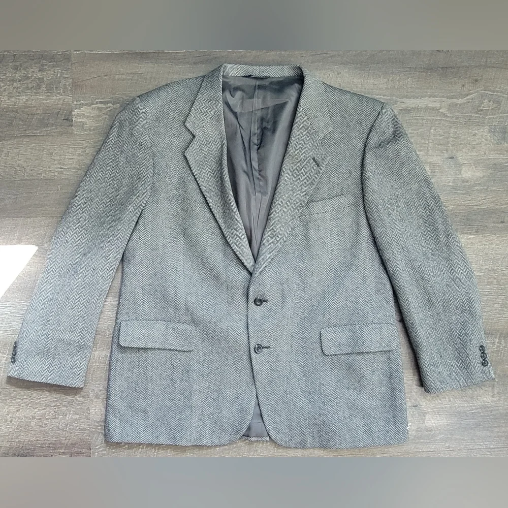Vintage 80's Blazer Men's 46L Black & White Harringbone 2 Button 100% Pure Wool
